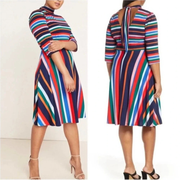 NWT Eloquii Printed Fit and Flare Midi Dress Rainbow Stripe Mock Neck Stretch 18 - Picture 1 of 8